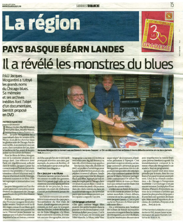 article de presse du journal sud-ouest du 13 juillet 2014 qui présente le projet de dvd mémoire de blues