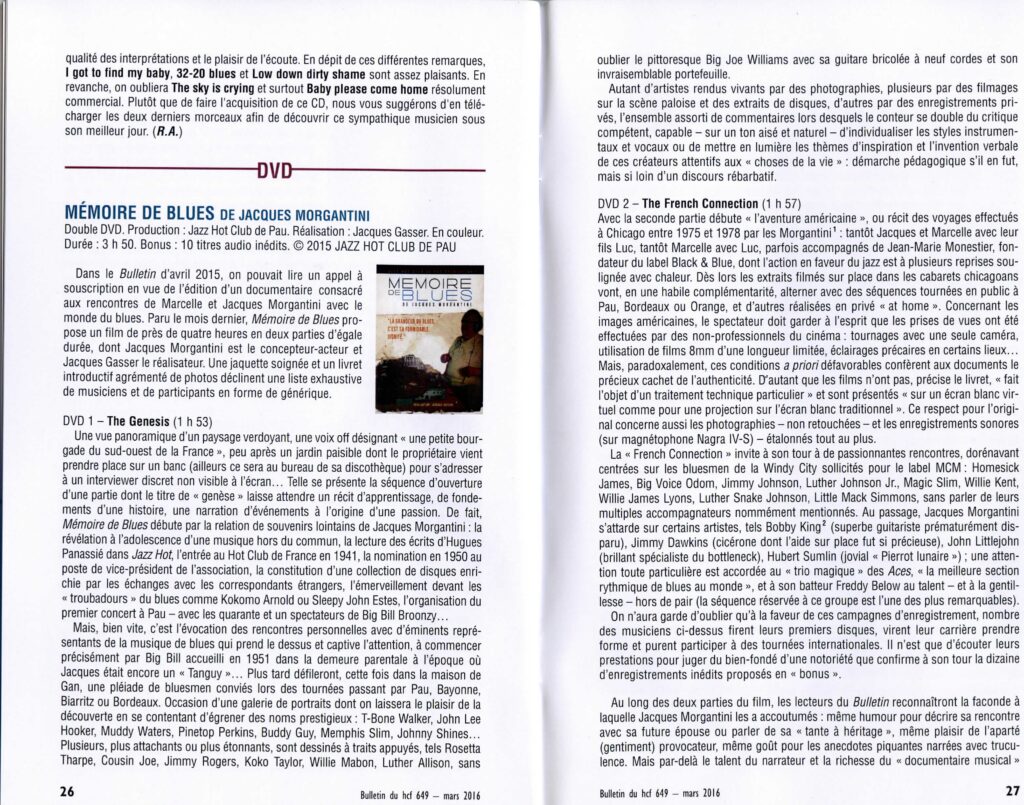 Bulletin du HOT CLUB DE FRANCE n°649 Mars 2016 par Jacques CANEROT - présentation du double dvd Mémoire de blues - partie 1